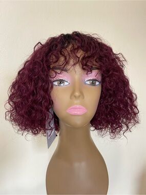 10" Curly Human Hair Bob Wig with Bangs Ombre Burgundy TT1B/99J NonLace Glueless